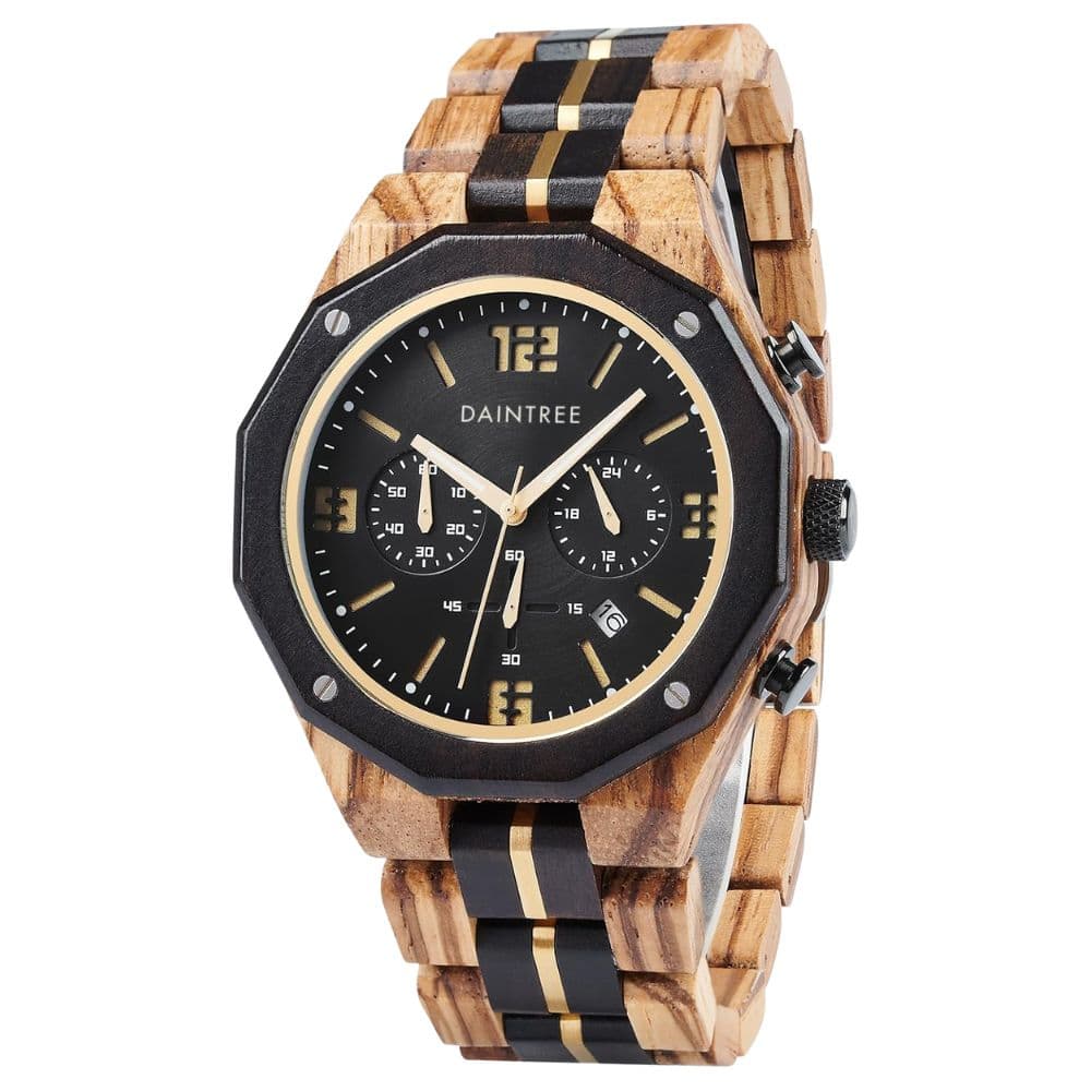 Montre dodécagonale pour homme en bois avec chronographe, cadran noir et détails dorés - Daintree Etna