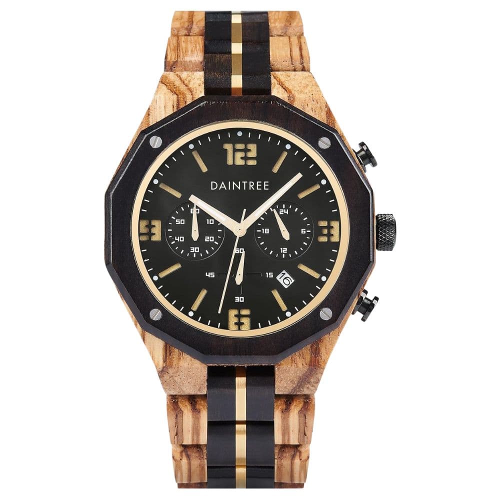 Montre dodécagonale pour homme en bois d'ébène et de zébrano avec chronographe et cadran noir - Daintree Etna