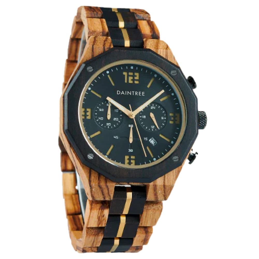 Chronographe montre pour homme en bois avec cadran noir et détails dorés - Daintree Etna