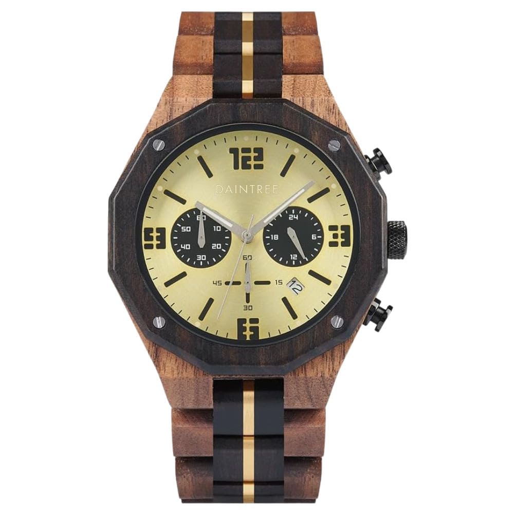 Montre dodécagonale pour homme en bois naturel avec cadran doré - Daintree Luxor