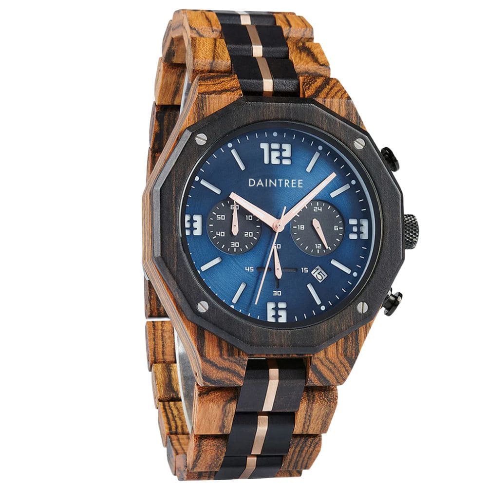 Montre homme en bois avec cadran bleu et chronographe - Daintree Napali