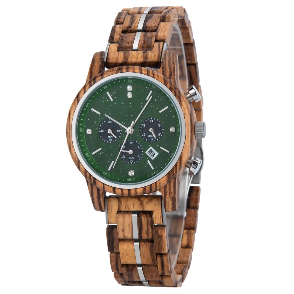 Daintree Plit - Montre Femme en bois zébré Chronographe et Date - Vert