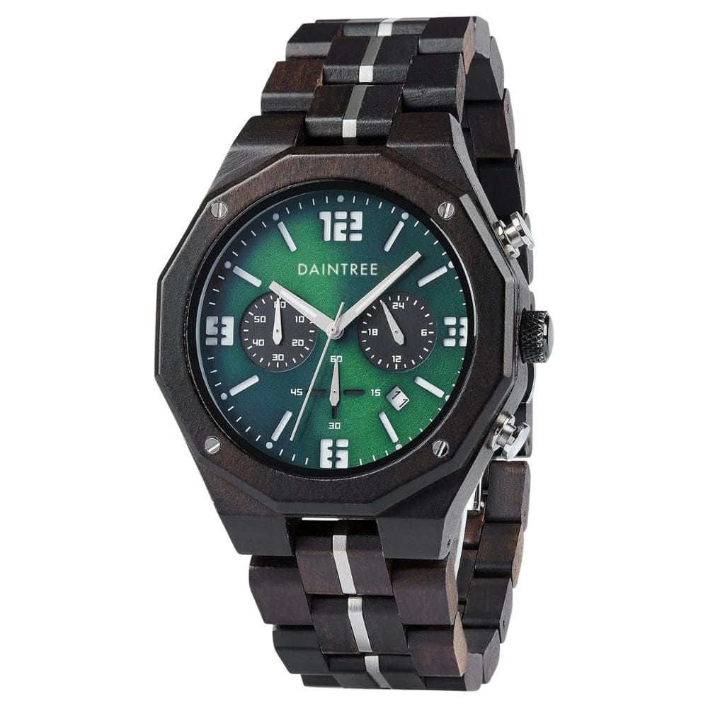 Montre dodécagonale pour homme en bois d'ébène avec chronographe et cadran vert - Daintree Taman